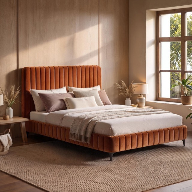 SOLACE+CO Adelaide Upholstered Bed Frame Burnt Orange Double - image 1