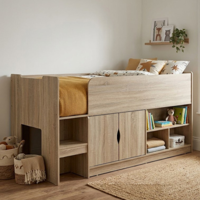 Kidsaw Kudl Single Mid Sleeper Bed with Cupboard Oak - image 1