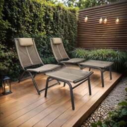 SOLACE+CO Esen Set of 2 Garden Lounge Chairs with Footstool Dark Brown