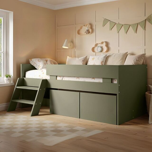 Flair Logan Single Storage Low Sleeper Green Bed by Bed Kingdom