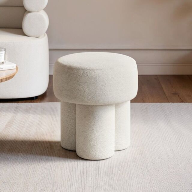"SOLACE+CO Ferro High Round Pouffe Stool Beige Sherpa Fleece " - image 1