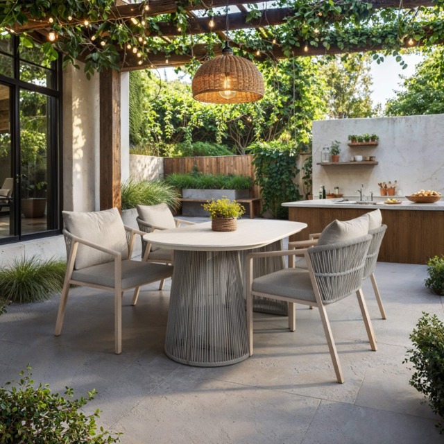 SOLACE+CO Hana Oval Garden Dining Table Beige with Lynden Chairs Set of 4 Beige Rattan - image 1