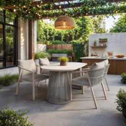 SOLACE+CO Hana Oval Garden Dining Table Beige with Lynden Chairs Set of 4 Beige Rattan - thumbnail 1