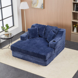Living & Home Corduroy Chaise Lounge Blue Sofa Bed with Cup Holder & Cushions Fabric-Blue
