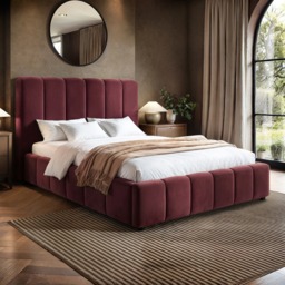 SOLACE+CO Emilie Ribbed Ottoman Double Bed Burgundy Velvet - thumbnail 1