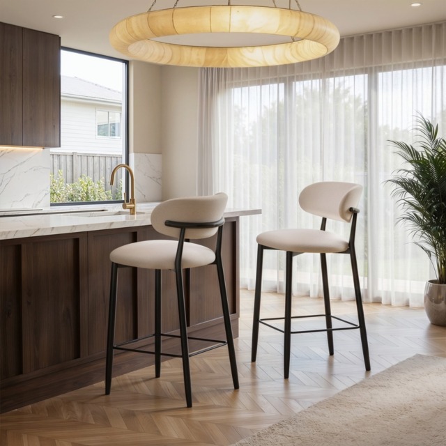 " SOLACE+CO Cyra Set of 2 Bar Stools with Curved Back & Footrest Beige Chenille" - image 1