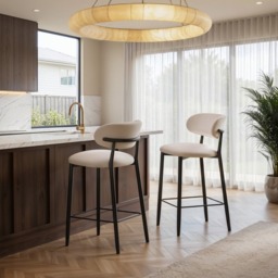 " SOLACE+CO Cyra Set of 2 Bar Stools with Curved Back & Footrest Beige Chenille" - thumbnail 1