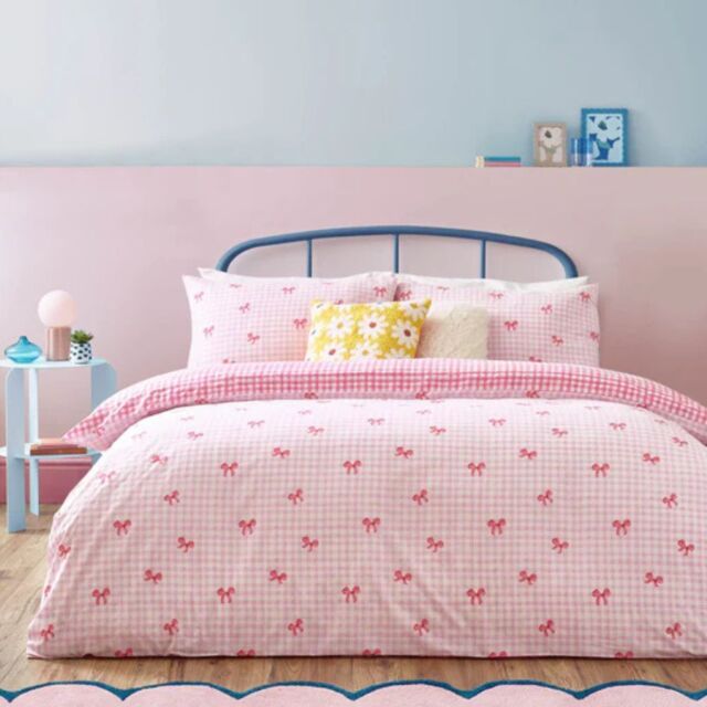 Heya Home Gingham Bows Duvet Cover Set Reversible Polycotton-Pink-Kingsize - image 1