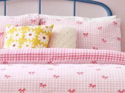 Heya Home Gingham Bows Duvet Cover Set Reversible Polycotton-Pink-Kingsize - thumbnail 2