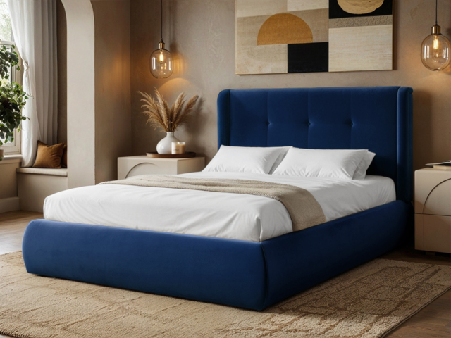 SOLACE+CO Monte Midnight Velvet Winged Button Headboard Ottoman Bed-Double - image 1