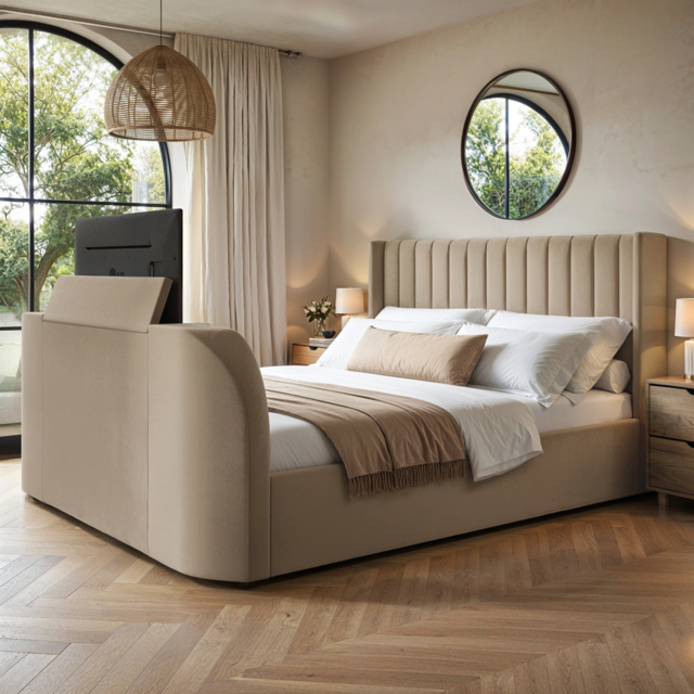 Flair Fallon TV Side Lift Ottoman Bed Beige Velvet SuperKing - image 1