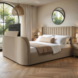 Flair Fallon TV Side Lift Ottoman Bed Beige Velvet SuperKing - thumbnail 1