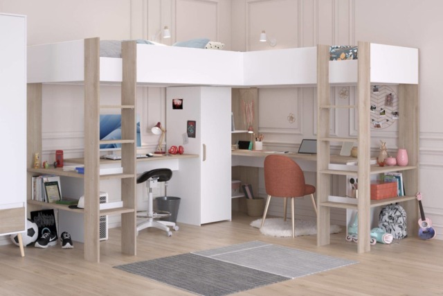 Parisot Alexandra L Shaped High Sleeper Bed with Desk & Storage White & Oak - image 1