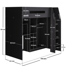 Recoil Summit Gaming High Sleeper with Wardrobe Black & Grey - thumbnail 6