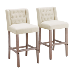 Living & Home Rustic Set of 2 Bar Stools Linen Tufted with Wood Legs - thumbnail 2