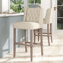 Living & Home Rustic Set of 2 Bar Stools Linen Tufted with Wood Legs - thumbnail 1