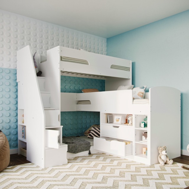 Flair Oscar Staircase Triple Bunk Bed with Storage White - image 1