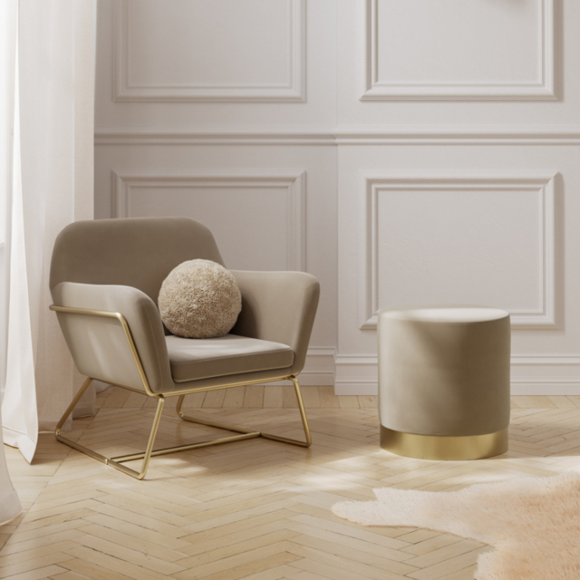 LPD Charles Armchair Beige Velvet With Lara Pouffe Beige Velvet - image 1