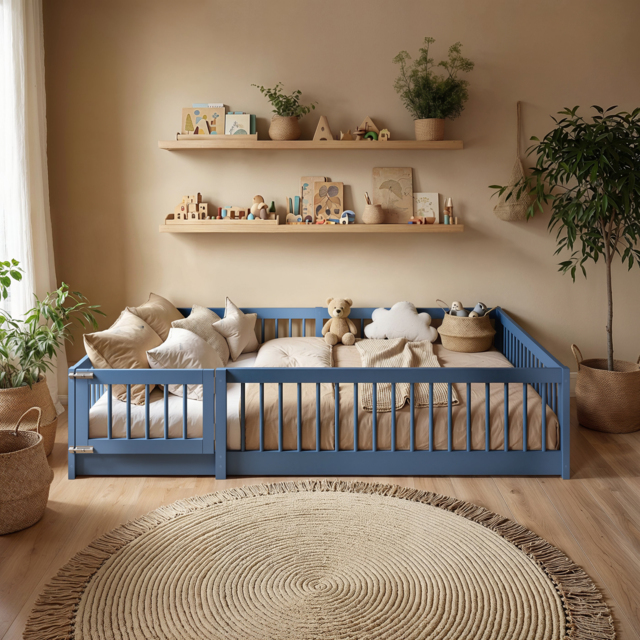 Flair Imogen Montessori Toddler Floor Bed with Safety Fence Blue - image 1
