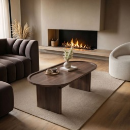 SOLACE+CO Varm Ribbed Wooden Oval Coffee Table Walnut