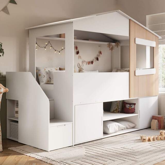 Flair Dreamland House Staircase Mid Sleeper with Storage White & Oak - image 1