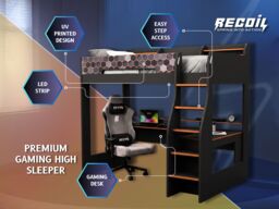 Recoil Ultimate Lumi Gaming High Sleeper with Desk Charcoal & Orange Small Double - thumbnail 4