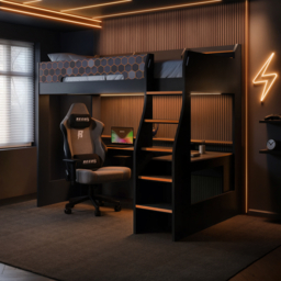Recoil Ultimate Lumi Gaming High Sleeper with Desk Charcoal & Orange Small Double