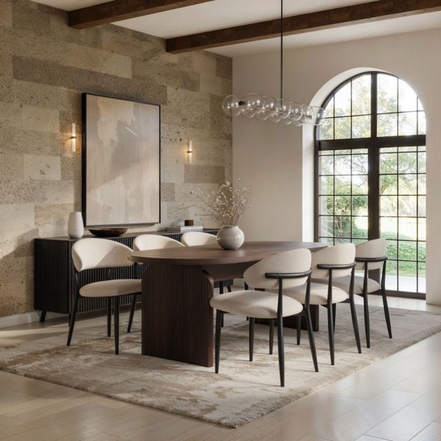 SOLACE+CO Varm & Cyra Dining Table Set with Beige Chenille Chairs-Table + 6 Chairs-Walnut - image 1