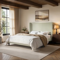 SOLACE+CO Jovanna Striped Bed Frame with Winged Headboard Woven Fabric Green Kingsize