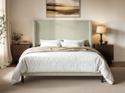 SOLACE+CO Jovanna Striped Bed Frame with Winged Headboard Woven Fabric Green Kingsize - thumbnail 2