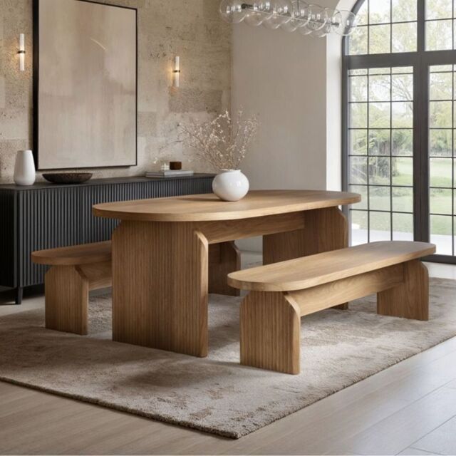 SOLACE+CO Varm Ribbed Oval Dining Table & 2 Bench Set Oak - image 1