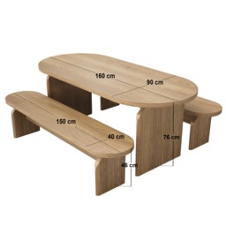 SOLACE+CO Varm Ribbed Oval Dining Table & 2 Bench Set Oak - thumbnail 7
