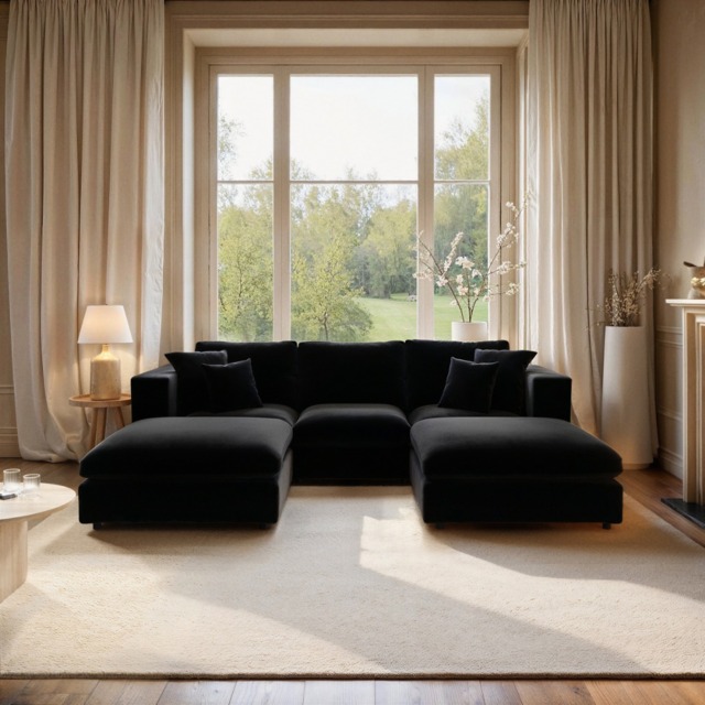 SOLACE+CO Asher U Shape Corner Sofa Bundle Black Velvet - image 1