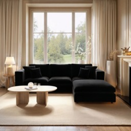 SOLACE+CO Asher 4 Seater Sofa with Reversible Footstool Black Velvet - thumbnail 1