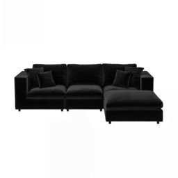 SOLACE+CO Asher 4 Seater Sofa with Reversible Footstool Black Velvet - thumbnail 6