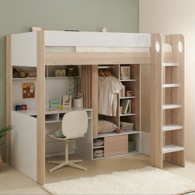 Flair Hampton Single High Sleeper Bed with Desk & Wardrobe White & Oak - image 1