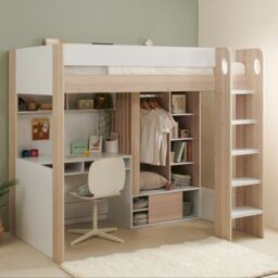 Flair Hampton Single High Sleeper Bed with Desk & Wardrobe White & Oak
