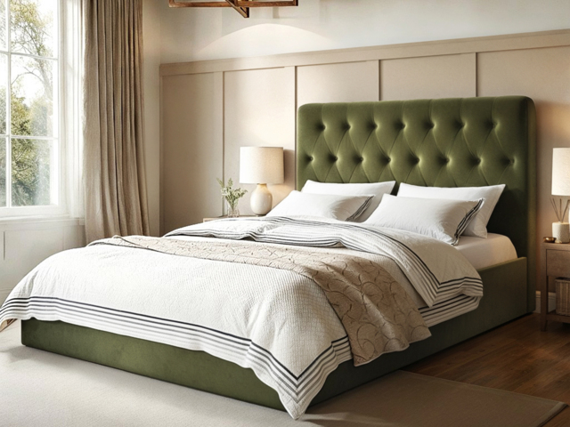 Flair Marley Buttoned Headboard King Size Ottoman Bed Green Velvet - image 1