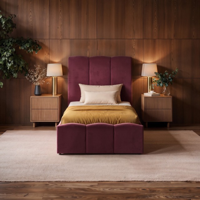SOLACE+CO Enrica Upholstered Bed Frame with Padded Statement Headboard Burgundy Single - image 1