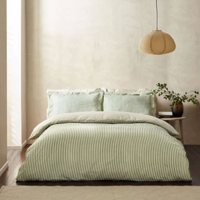 The Linen Yard Hebden Stripe Reversible Duvet Cover Set 100% Cotton-SuperKing-Forest - image 1