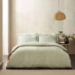 The Linen Yard Hebden Stripe Reversible Duvet Cover Set 100% Cotton-SuperKing-Forest - thumbnail 1