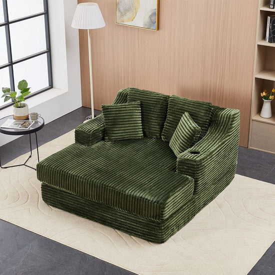Living & Home Corduroy Chaise Lounge Green Sofa Bed with Cup Holder & Cushions Fabric-Green - image 1
