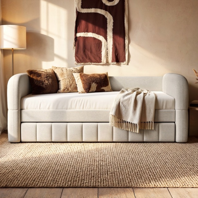 Flair Livia Day Bed with Trundle Cream Chenille - image 1