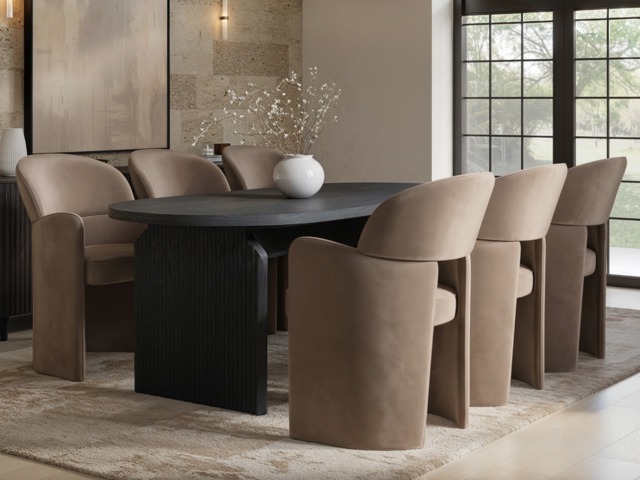 SOLACE+CO Varm & Estella Black Dining Table with Velvet Chairs-Table + 6 Chairs-Brown - image 1