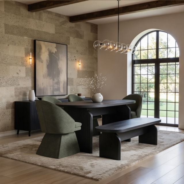 SOLACE+CO Varm Dining Set with Black Table, Bench & 4 Aiko Green Chairs - image 1