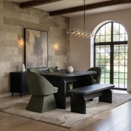 SOLACE+CO Varm Dining Set with Black Table, Bench & 4 Aiko Green Chairs