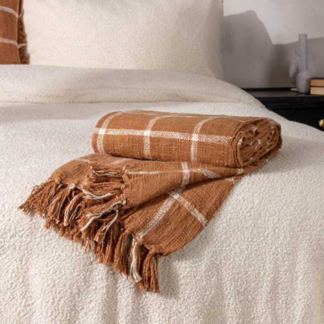 Yard Beni Cotton Check Throw with Tassels-Ginger/Natural - image 1