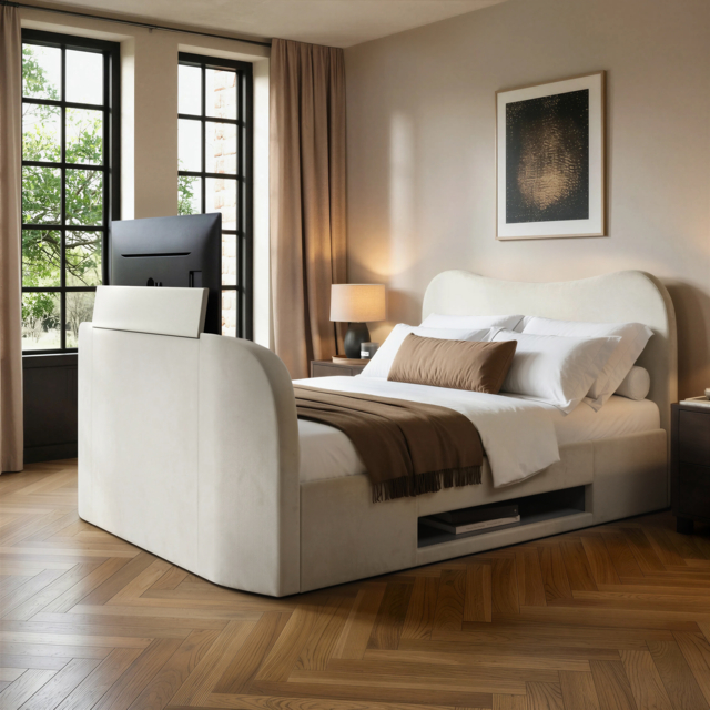 Claybourne TV Ottoman Bed with Side Lift Storage Cream Double - image 1