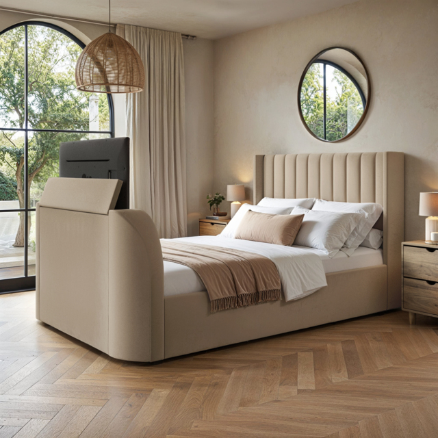 Flair Fallon TV Side Lift Ottoman Bed Beige Velvet Double - image 1