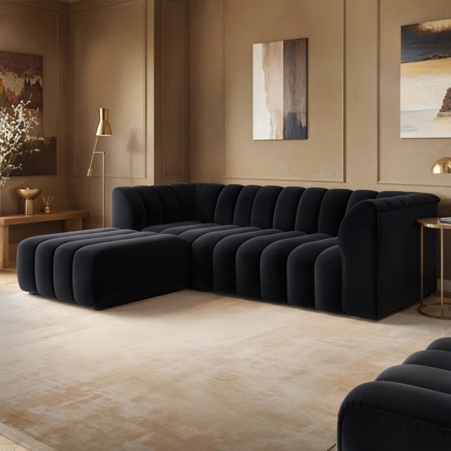 SOLACE+CO Halle Channel Tufted 3 Seater Sofa with Footstool Velvet Black - image 1